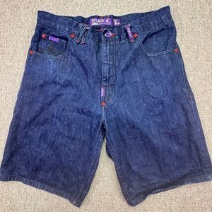 Vintage Y2K LRG Denim Shorts Mens Size 34 Embroidered Dark Wash Baggy Streetwear